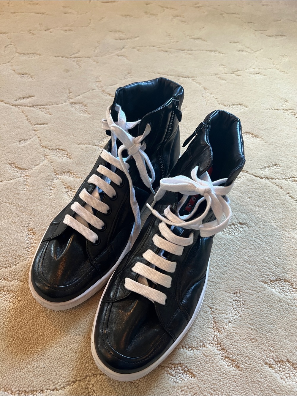 Prada Black Leather High-Top Sneakers with White Laces IT 41